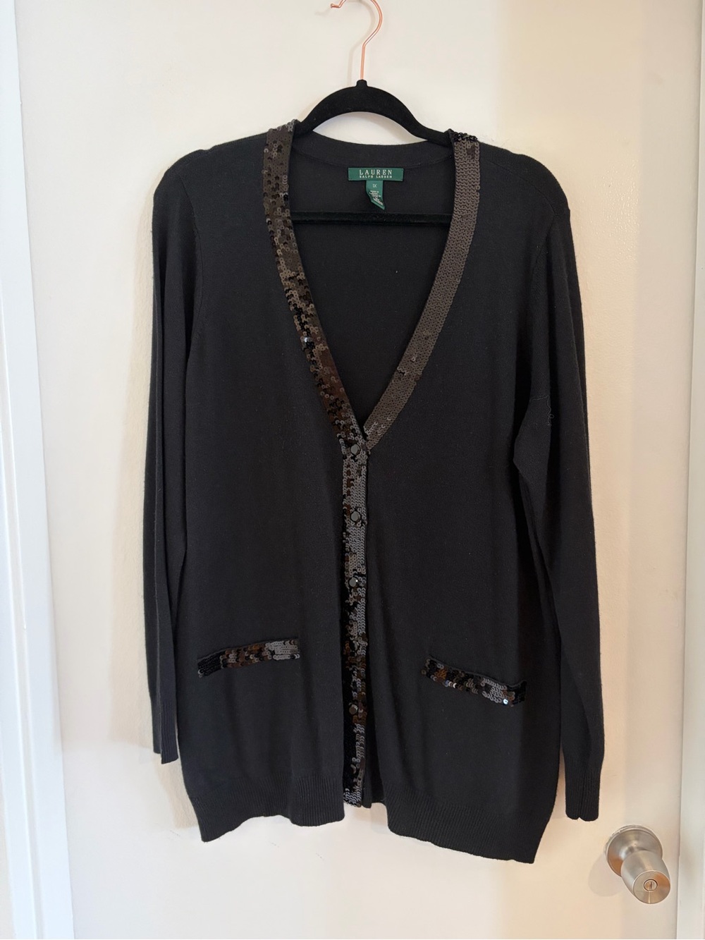 Ralph Lauren Black Sequin-Trim V-Neck Cardigan 1X